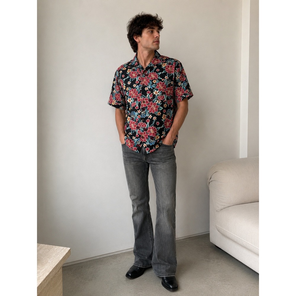 Hurley Lido Stretch Shirt Mens Medium Black Hawaiian Floral Button Up Casual NWT
